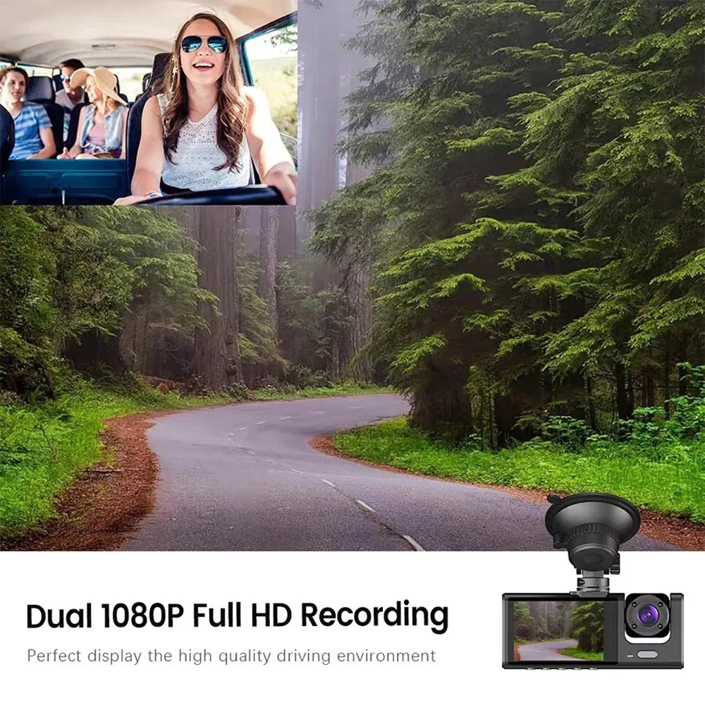 1080P DVR Dash Camera Front & Inner & Rear Camera Driving Recorder 2 Inch Screen Dashcam Support Night-Vision Loop Recording One-Key Lock