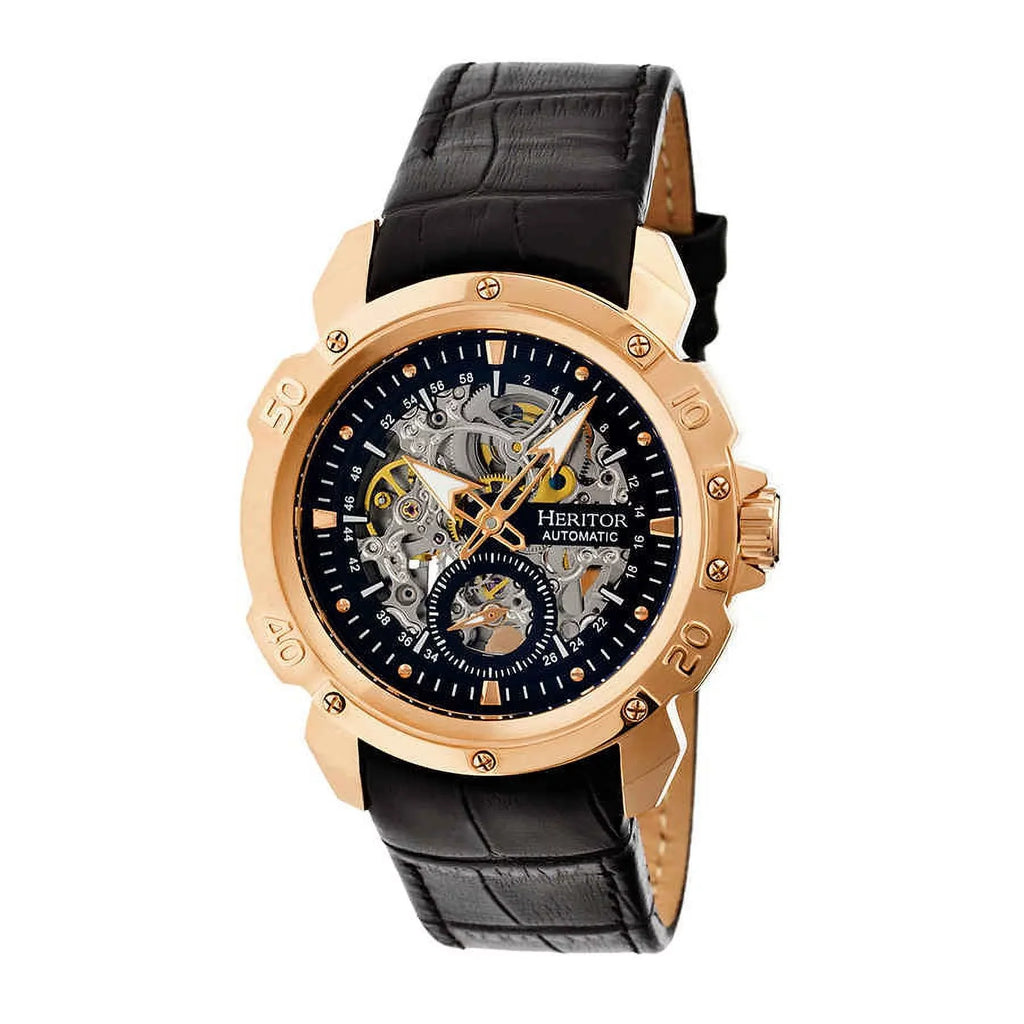 Heritor Carter Rose Gold-tone Stainless Steel Case Jet Skeleton Dial Jet Leather Men's Watch HR2506
