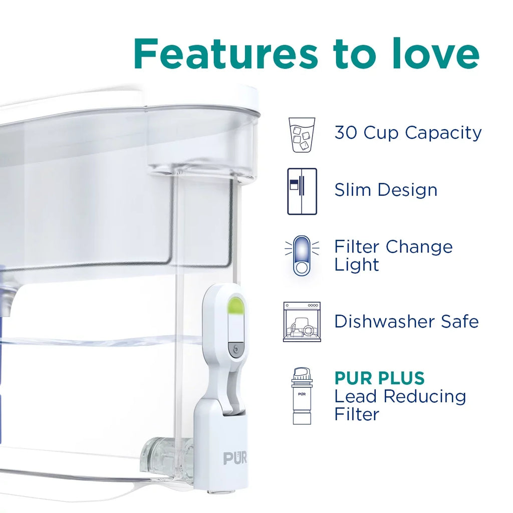 PUR Plus 30 Cup Dispenser Filtration System, White/Blue, Fits All Pitcher Replacement Water Filters