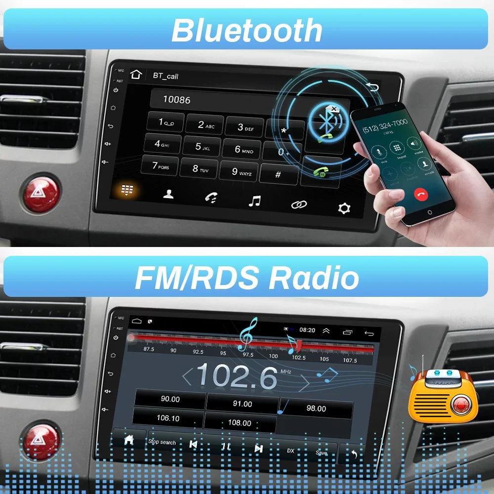 Podofo for Honda Civic 2012 2013 2014 2015 Car Stereo Radio 9'' Touch Screen Android 12 Car Player FM Bluetooth Mirror Link Wifi Gps Usb, with Backup Camera