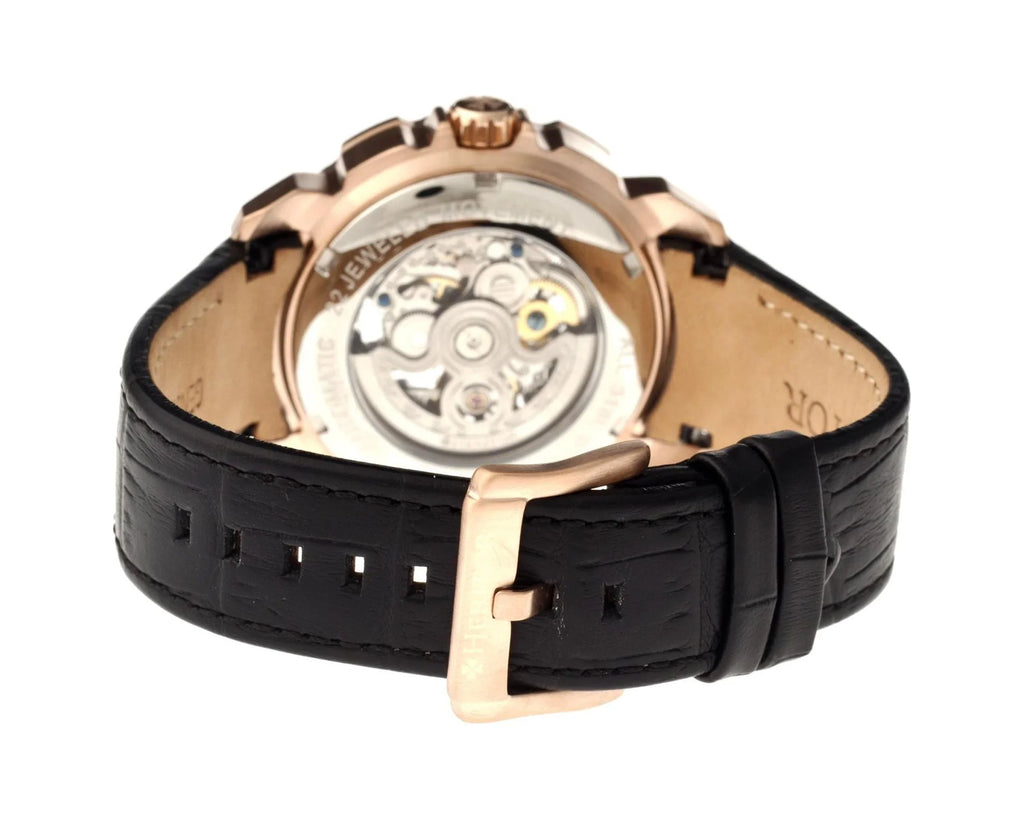 Heritor Carter Rose Gold-tone Stainless Steel Case Jet Skeleton Dial Jet Leather Men's Watch HR2506