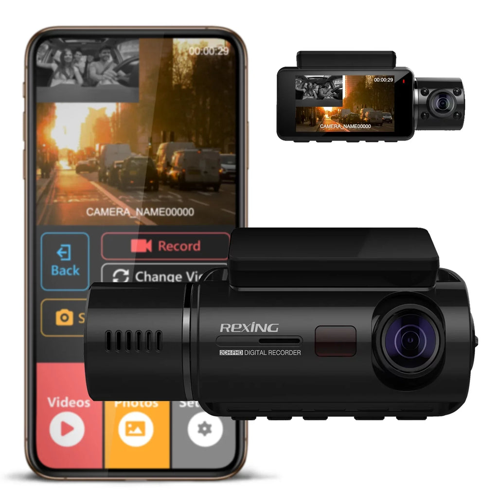 Rexing V3 Basic Dual Camera Front and Interior Cabin Full HD 1080p Dash Cam with Wi-Fi