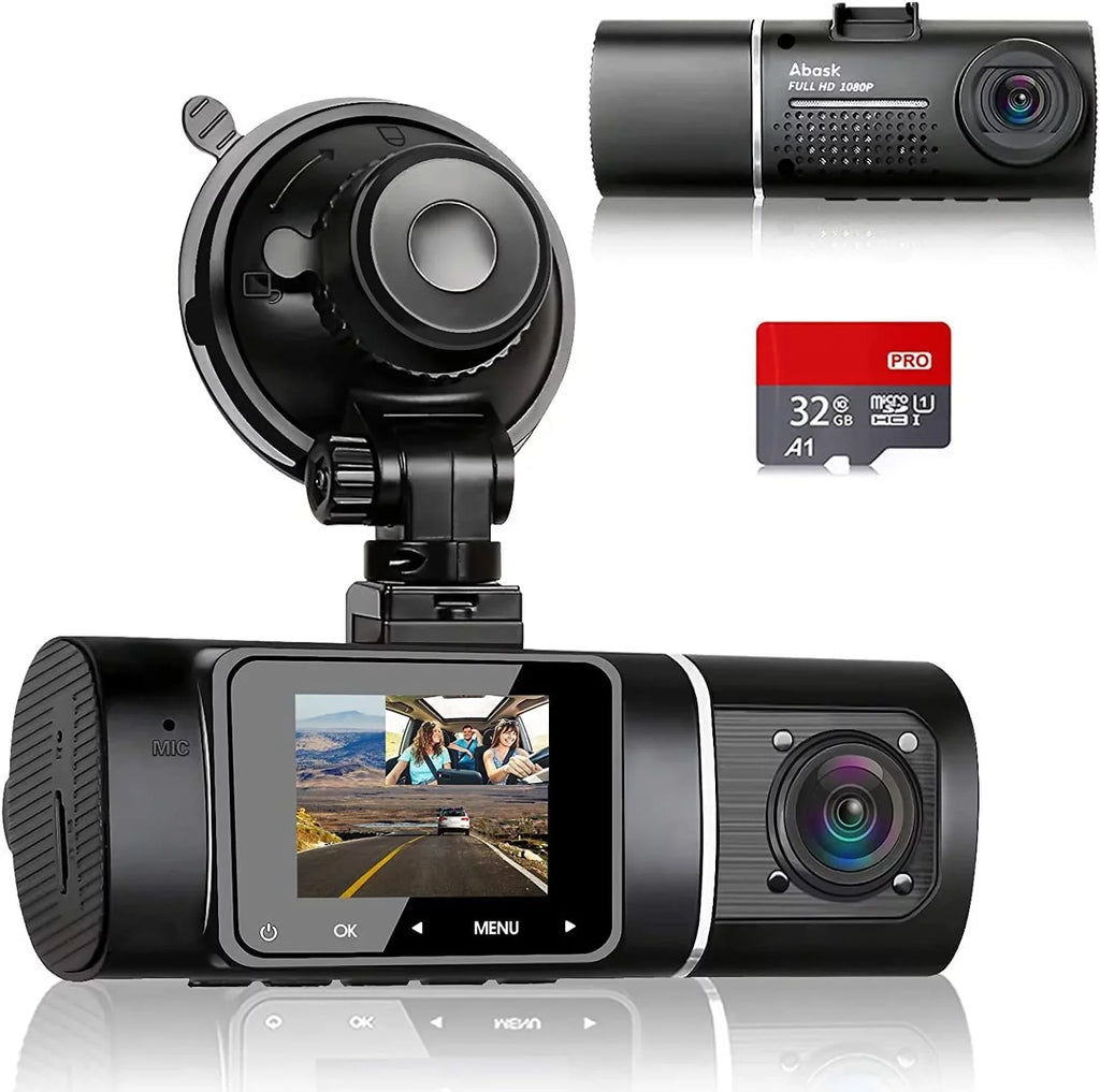 Abask J05 Dashcam Front and Inner Dual 1080P FHD - Angle 170°/140° With Night Vision,Parking Mode,G-Sensor,Loop Recording,WDR - With 32GB Card