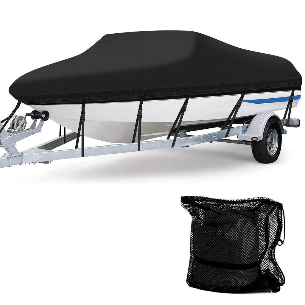 AngLink 17 - 19 ft Waterproof Boat Cover - Heavy Duty 600D Polyester Oxford All Weather Protection Bass Runabout Boat Cover, Durable and Trailerable, Fit for Fishing Boat V-Hull TRI-Hull | Ebony