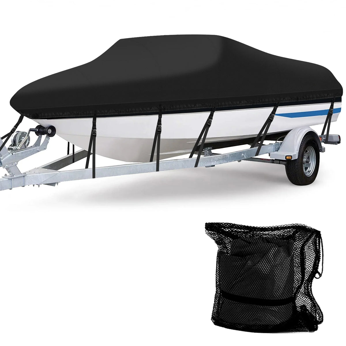 AngLink 17 - 19 ft Waterproof Boat Cover - Heavy Duty 600D Polyester Oxford All Weather Protection Bass Runabout Boat Cover, Durable and Trailerable, Fit for Fishing Boat V-Hull TRI-Hull | Ebony