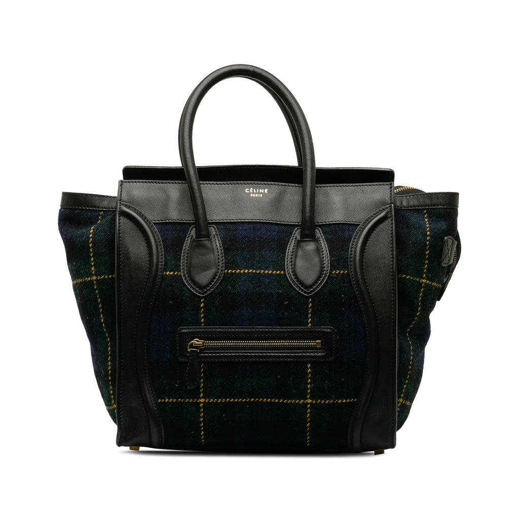 Pre-Owned Authenticated Celine Mini Tartan Luggage Tote Wool Fabric Blue Tote Bag Unisex (Good)
