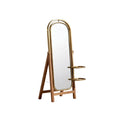 Mid-Century Modern Standing Mirror with Gold Frame and Wooden Base