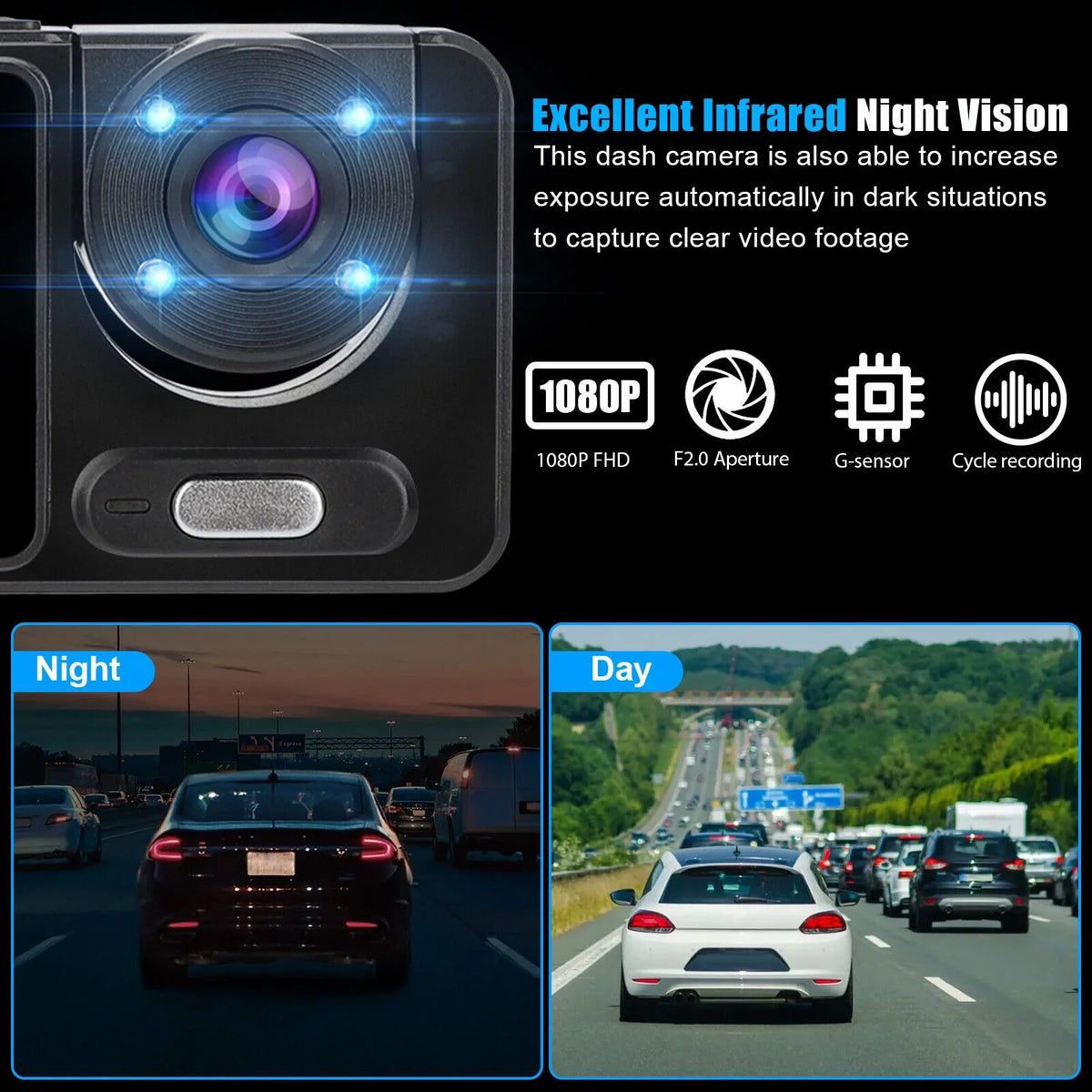 2" 1080P HD Dual Lens Car Dash Camera Interior Video Recorder G-sensor