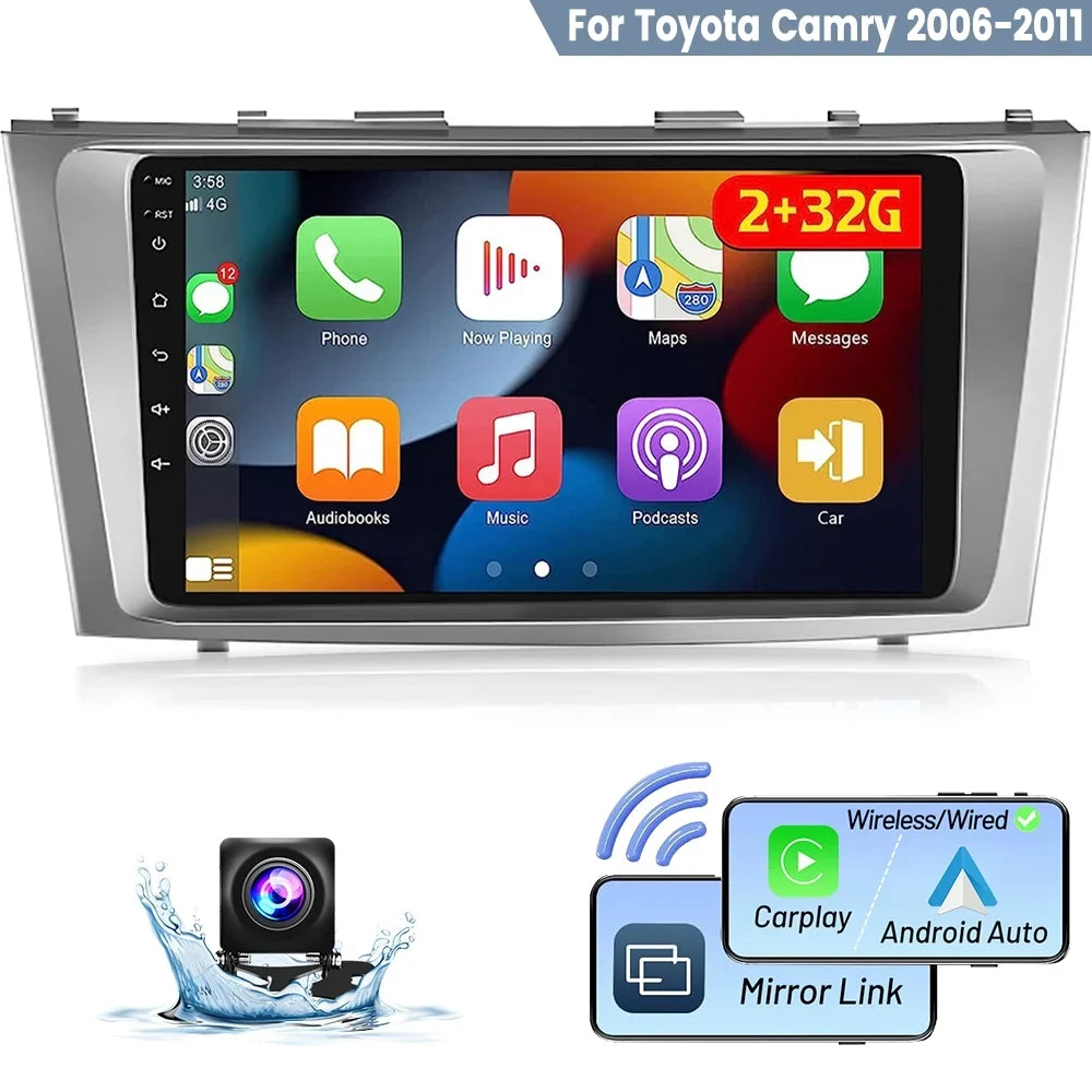 Podofo 2+32G for Camry 2006-2011 Car Stereo Radio Wireless Carplay Android Auto Mirror Link 9'' Touchscreen HD 1080P WIFI GPS Hifi FM Bluetooth, AHD Backup Camera