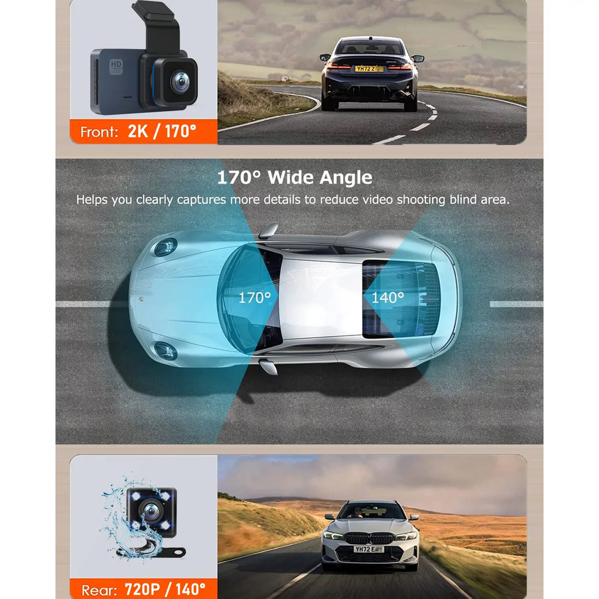 2K Dash Cam, 3 Inches Dual Dash Camera for Cars, WDR Dashcam Front and Rear Night Vision, 170° Wide Angle, Loop Recording, G-Sensor, Parking Monitor,Free 32GB Card