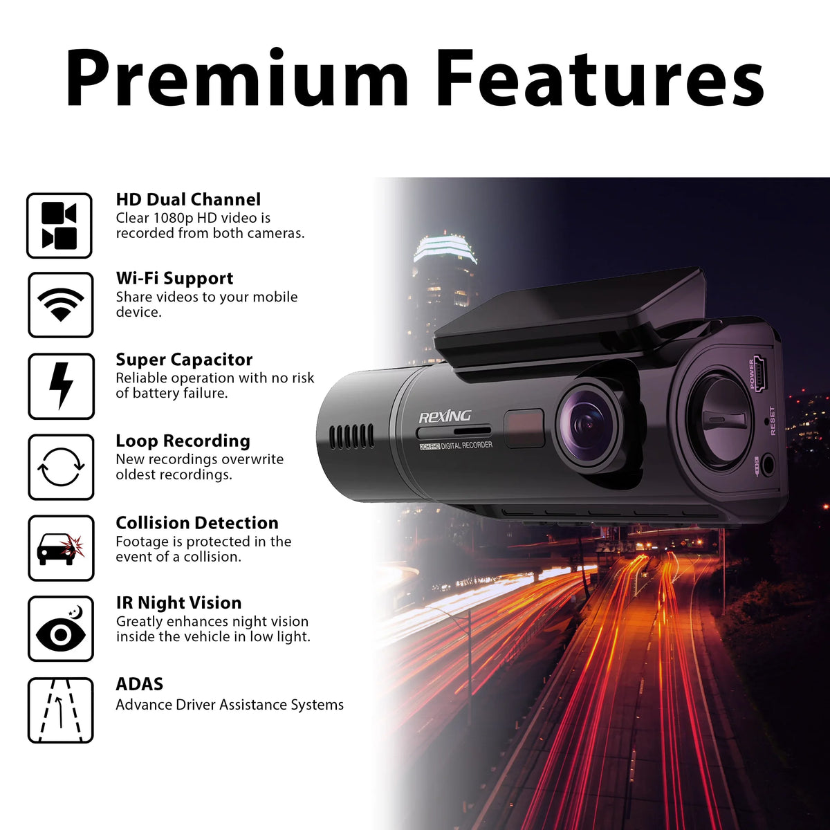 Rexing V3 Basic Dual Camera Front and Interior Cabin Full HD 1080p Dash Cam with Wi-Fi