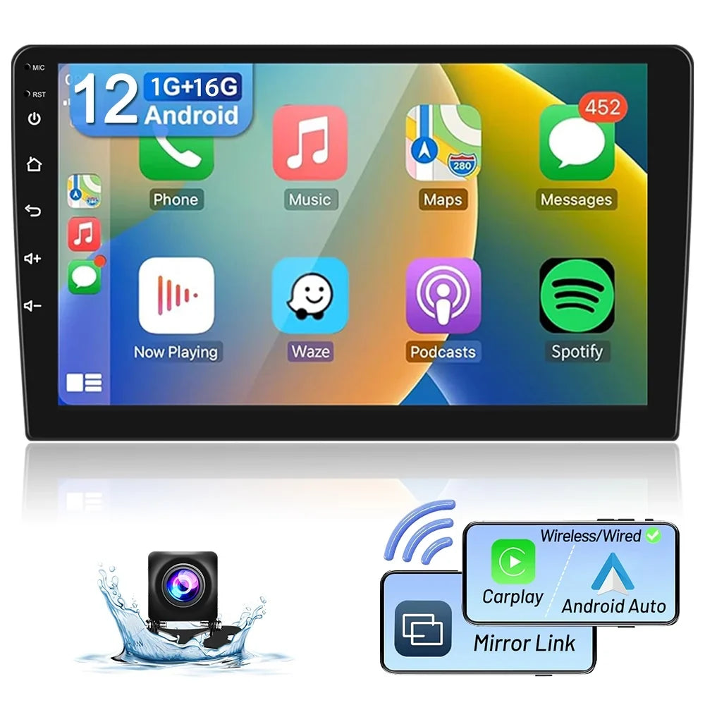Podofo 1+16G Double DIN 9'' Touchscreen Car Stereo Radio Wireless Carplay Android Auto Mirror Link Android 12 HD 1080P WIFI GPS FM Bluetooth, AHD Backup Camera