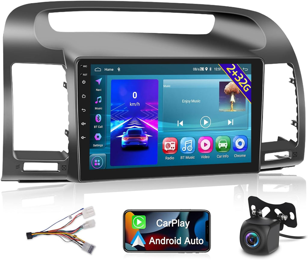 THONZER For Camry 2000-2006, 9 Inch Touchscreen Radio Built in Wireless Carplay and Andriod Auto with Mirror Link, WiFi, GPS, Dual USB + Rear View Camera 2+32G Android Car Stereo