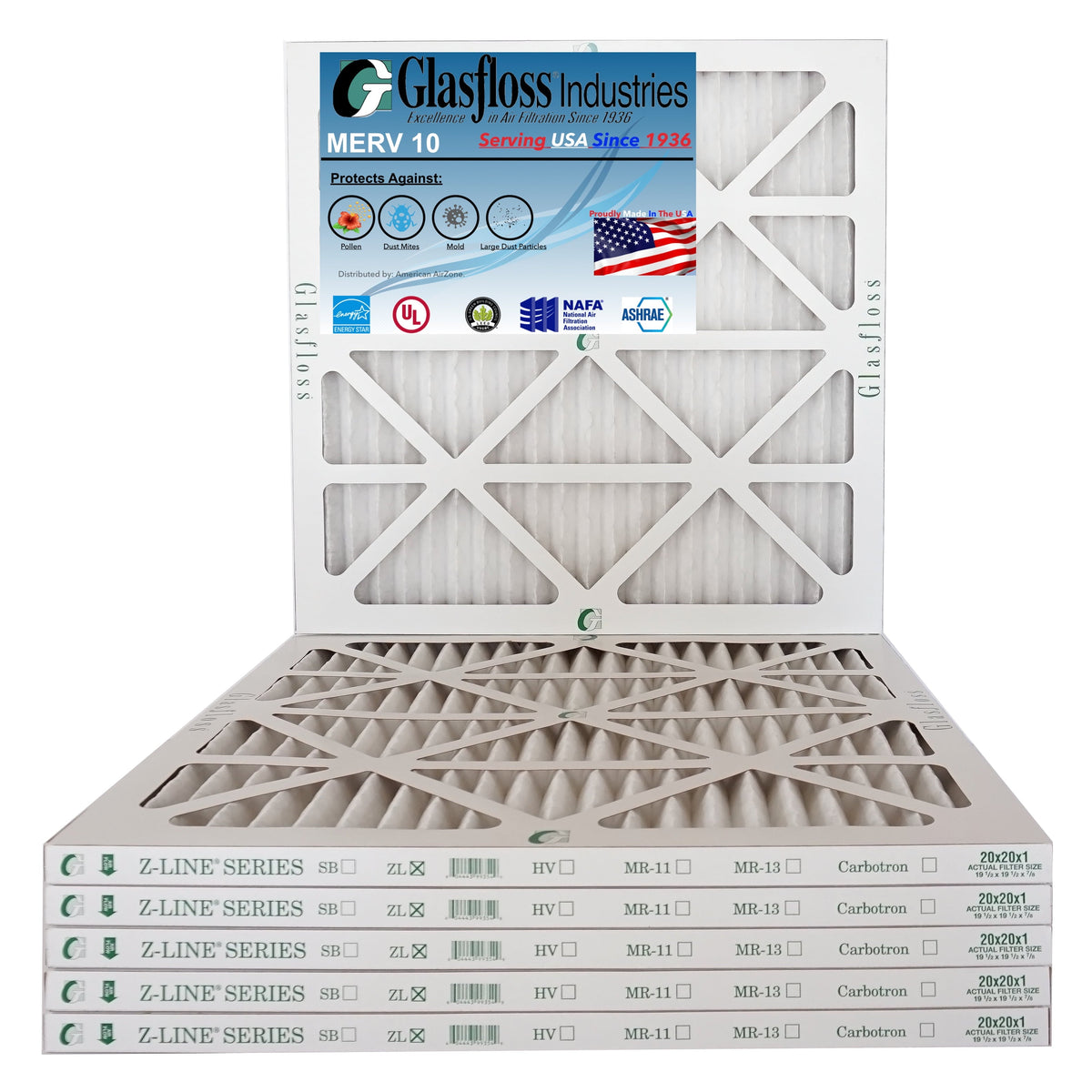 Glasfloss 20x20x1 - MERV 10 Quantity - Furnace Air Filter - Made in USA (Actual Size: 19.5 x 19.5x7/8 inch)