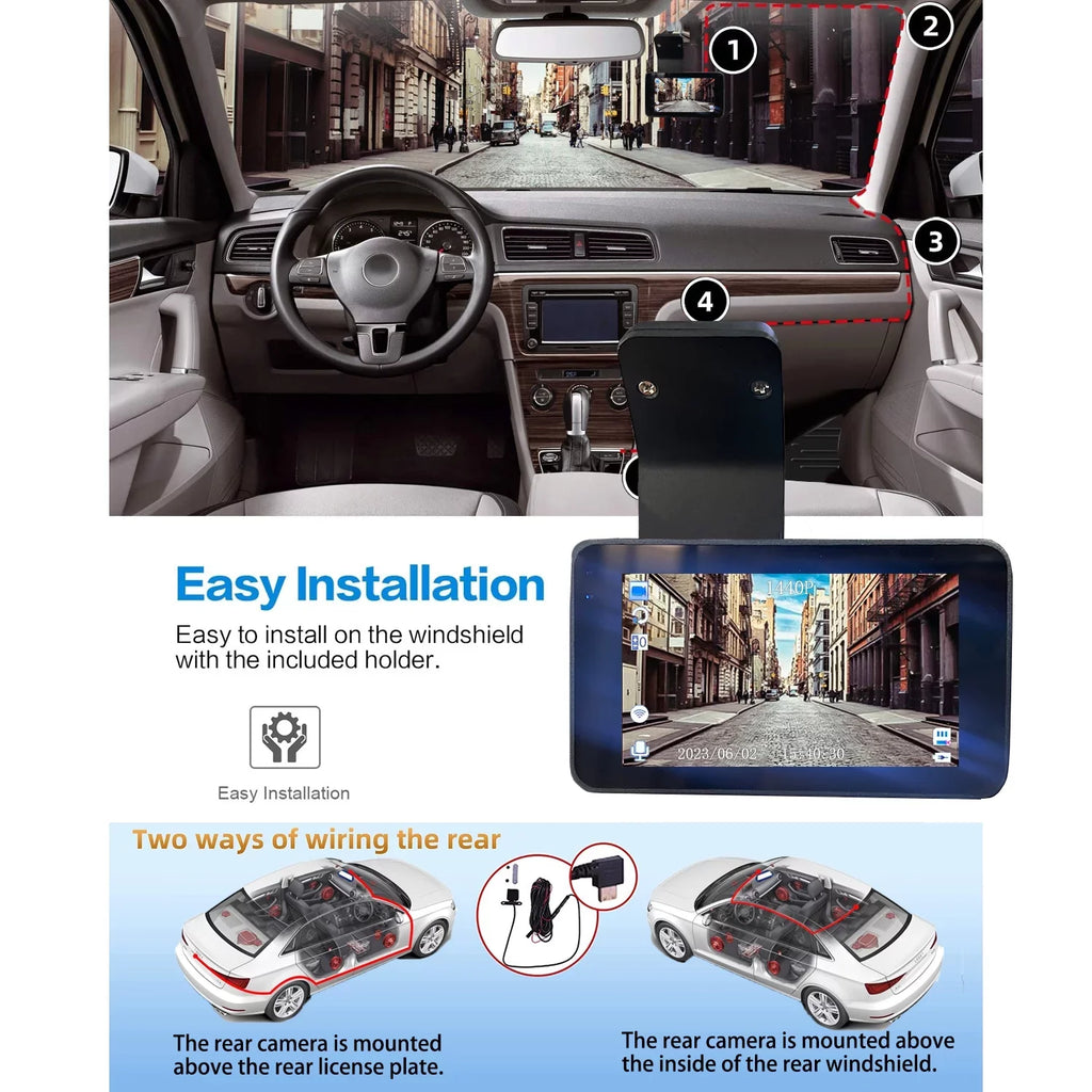 2K Dash Cam, 3 Inches Dual Dash Camera for Cars, WDR Dashcam Front and Rear Night Vision, 170° Wide Angle, Loop Recording, G-Sensor, Parking Monitor,Free 32GB Card