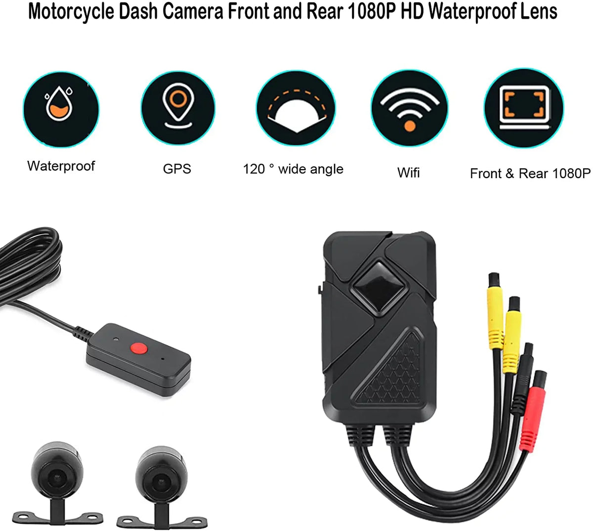Motorcycle Dash Camera Front and Rear 1080P HD Waterproof Lens 120° Wide Angle Waterproof Recording Camera with Wi-Fi, GPS