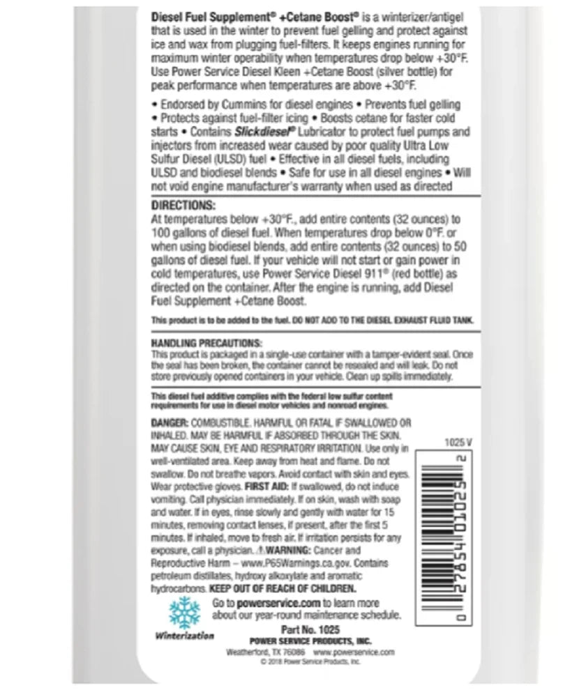POWER SERVICE PRODUCTS 1025 Diesel Fuel Supplement,Amber,32 oz. G5573246