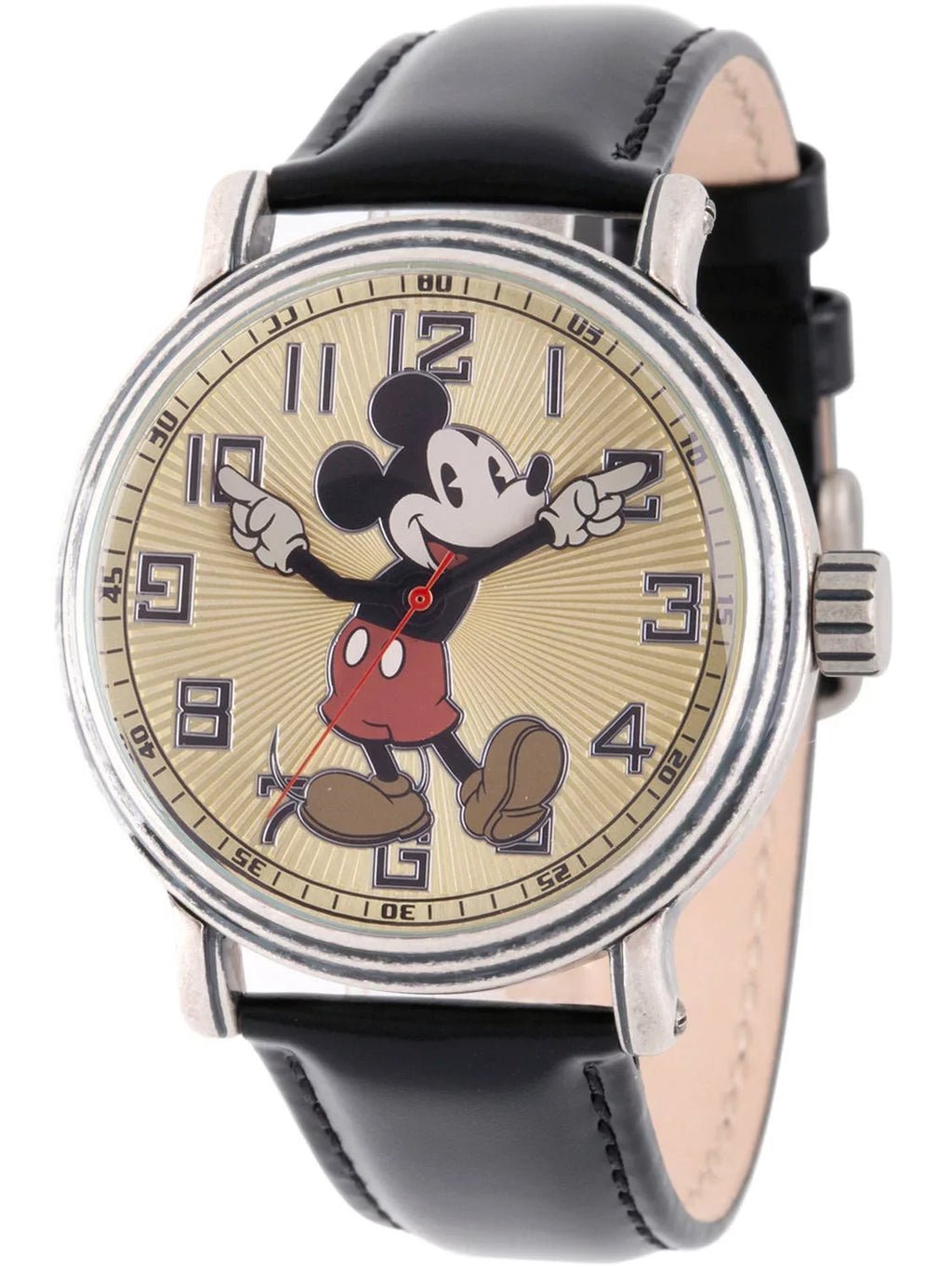Mickey Mouse Men's Antique Silver Vintage Alloy Watch, Dark Leather Strap