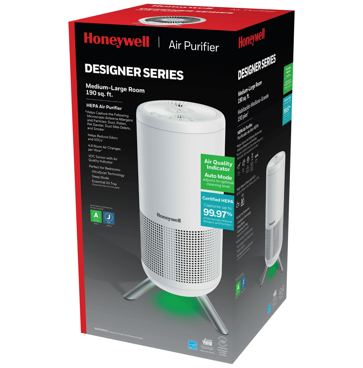 Honeywell Designer Series HEPA Air Purifier Tower, 190 sq ft, White, A830W