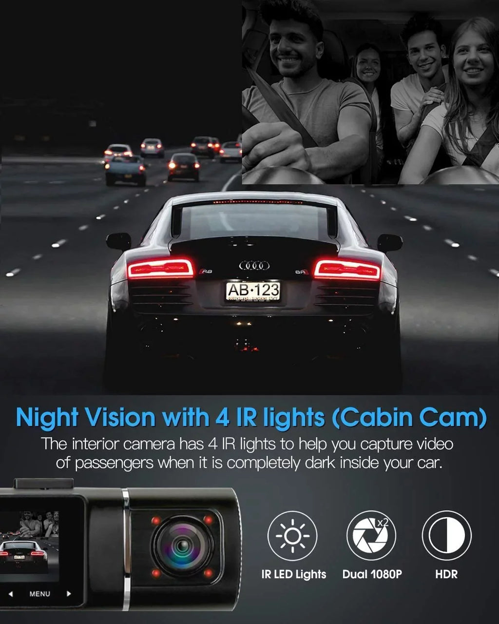 Abask J05 Dashcam Front and Inner Dual 1080P FHD - Angle 170°/140° With Night Vision,Parking Mode,G-Sensor,Loop Recording,WDR - With 32GB Card