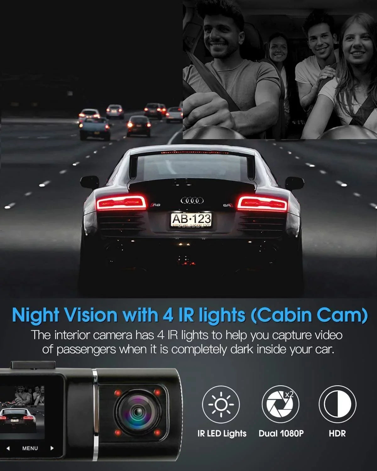 Abask J05 Dashcam Front and Inner Dual 1080P FHD - Angle 170°/140° With Night Vision,Parking Mode,G-Sensor,Loop Recording,WDR - With 32GB Card