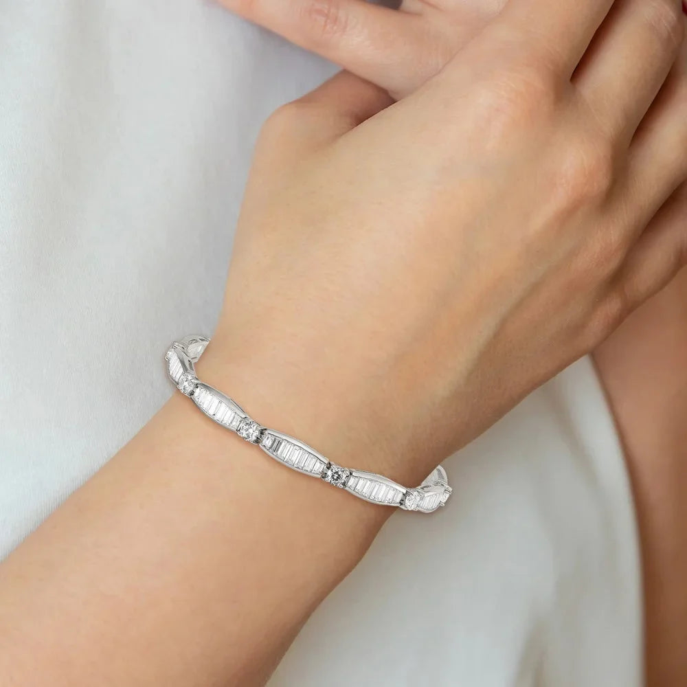 Sterling Silver Rhodium-plated Baguette and Round CZ Bracelet QQX400CZ