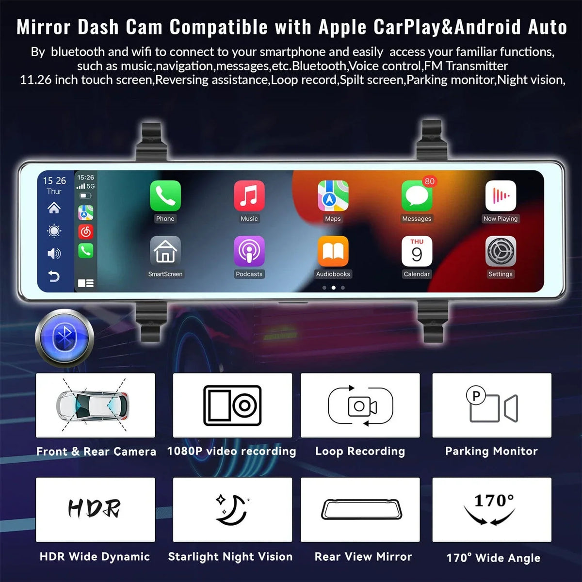 Mirror Dash Cam with Wireless Carplay&Android Auto,11.26" Voice Control Rear View Mirror 1080P Front and Rear View Dual Cameras,FM Transmitter,Night Vision,Parking Assistance, WDR,Loop Recording