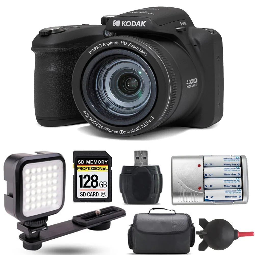 Kodak PIXPRO AZ405 Digital Camera Dark + Extra Battery + LED - 128GB Kit