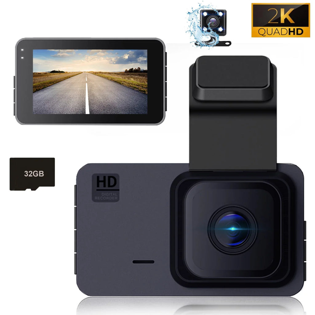 2K Dash Cam, 3 Inches Dual Dash Camera for Cars, WDR Dashcam Front and Rear Night Vision, 170° Wide Angle, Loop Recording, G-Sensor, Parking Monitor,Free 32GB Card