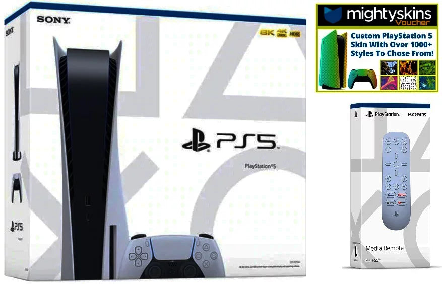 PlayStation 5 Disk Console Bundle With PS5 Media Remote & MightySkins Custom PS5 Skin Voucher Limited Edition Bundle