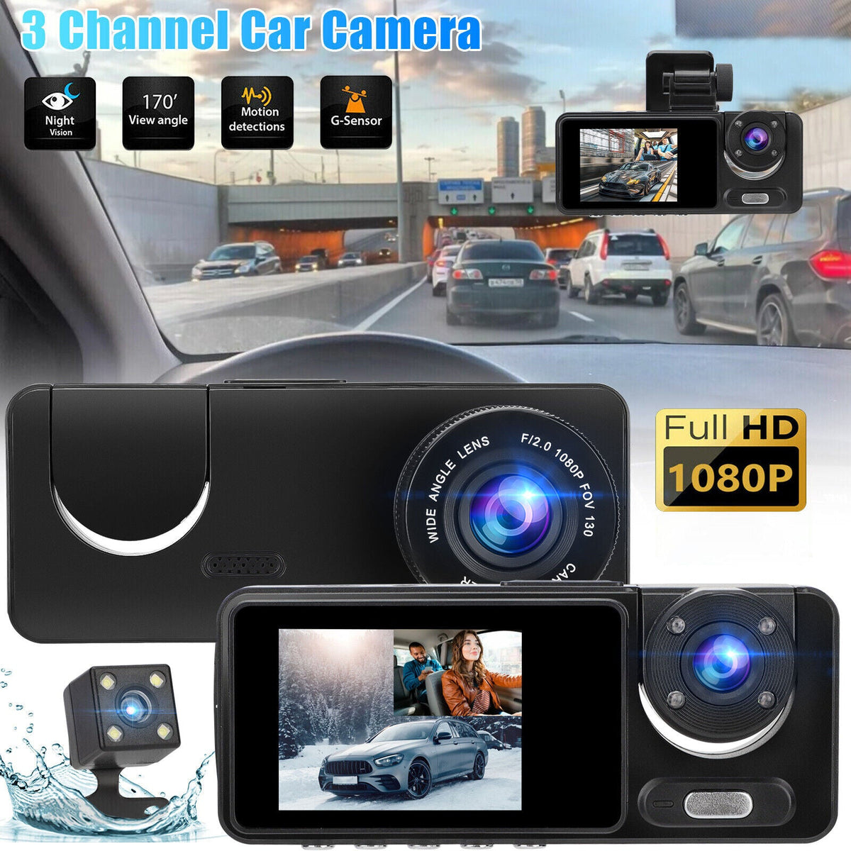 2" 1080P HD Dual Lens Car Dash Camera Interior Video Recorder G-sensor