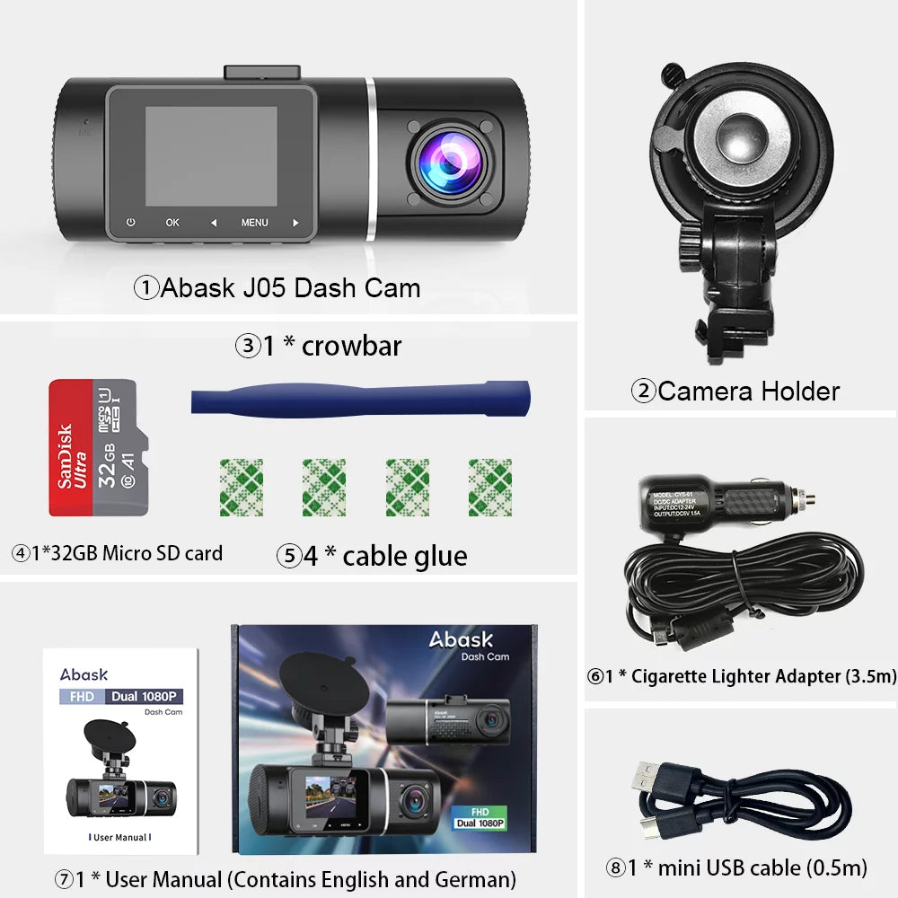 Abask J05 Dashcam Front and Inner Dual 1080P FHD - Angle 170°/140° With Night Vision,Parking Mode,G-Sensor,Loop Recording,WDR - With 32GB Card