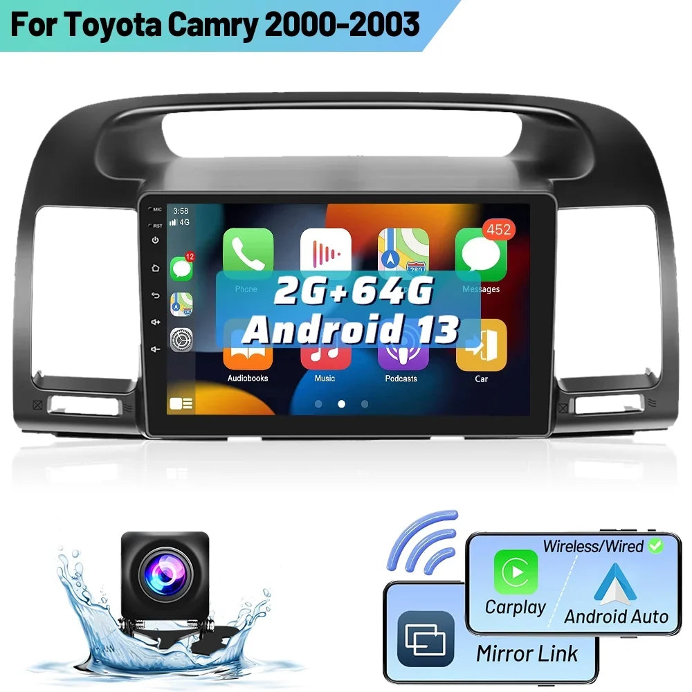 Podofo 2+64G Android 13 for Camry 2000-2003 Wireless Carplay Android Auto Mirror Link 9'' Touch Screen Car Stereo Radio WIFI GPS FM Bluetooth Hifi, AHD Backup Camera