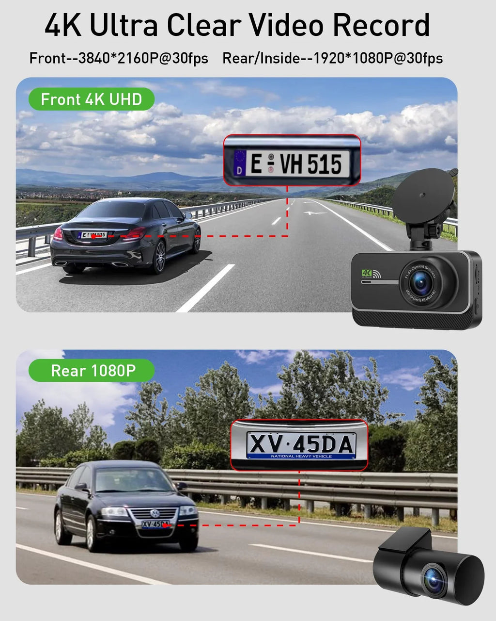 Advanced 4K+1080P WiFi dual dash cam, car front and rear dash cam, 3-inch IPS dual dash cam, night vision, 24 hours parking mode, loop recording, 170° wide angle, 64GB SD card included
