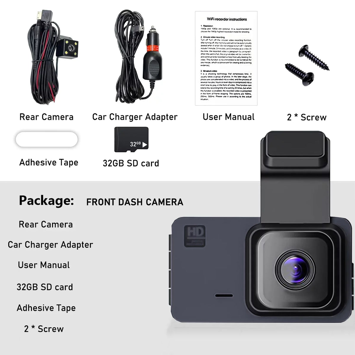 2K Dash Cam, 3 Inches Dual Dash Camera for Cars, WDR Dashcam Front and Rear Night Vision, 170° Wide Angle, Loop Recording, G-Sensor, Parking Monitor,Free 32GB Card
