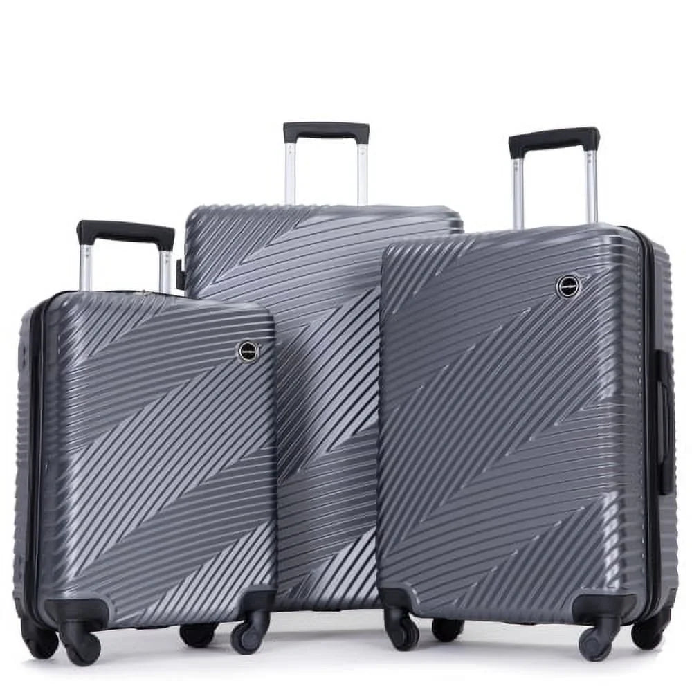3 Piece Luggage Sets PC+ABS Mass Suitcase with Two Hooks, Spinner Wheels, (20/24/28) Gray