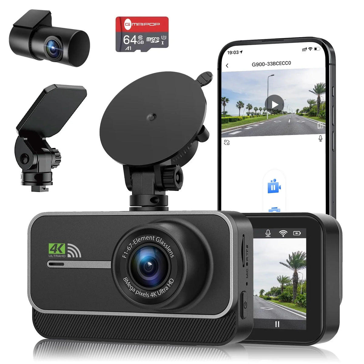 Advanced 4K+1080P WiFi dual dash cam, car front and rear dash cam, 3-inch IPS dual dash cam, night vision, 24 hours parking mode, loop recording, 170° wide angle, 64GB SD card included