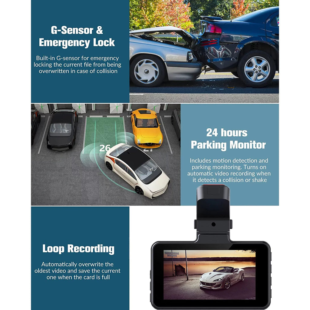 2K Dash Cam, 3 Inches Dual Dash Camera for Cars, WDR Dashcam Front and Rear Night Vision, 170° Wide Angle, Loop Recording, G-Sensor, Parking Monitor,Free 32GB Card