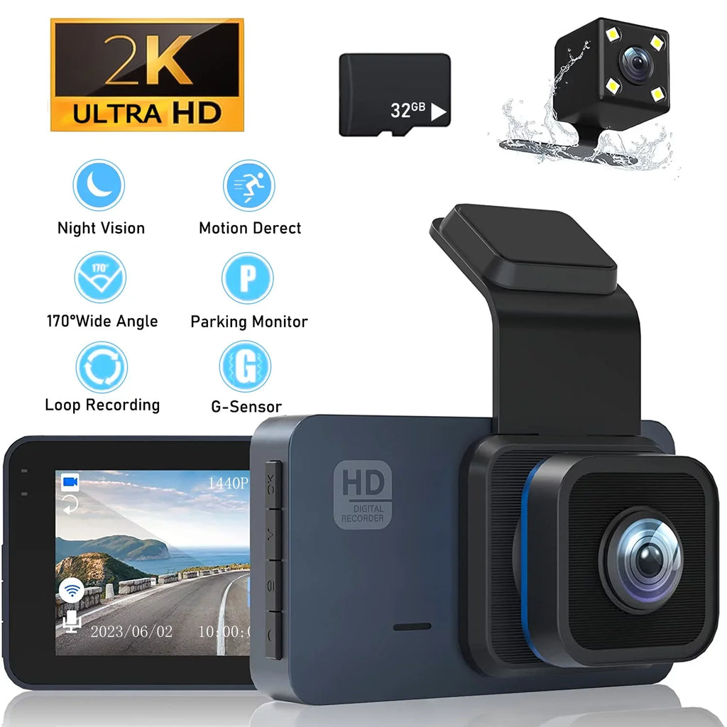 2K Dash Cam, 3 Inches Dual Dash Camera for Cars, WDR Dashcam Front and Rear Night Vision, 170° Wide Angle, Loop Recording, G-Sensor, Parking Monitor,Free 32GB Card