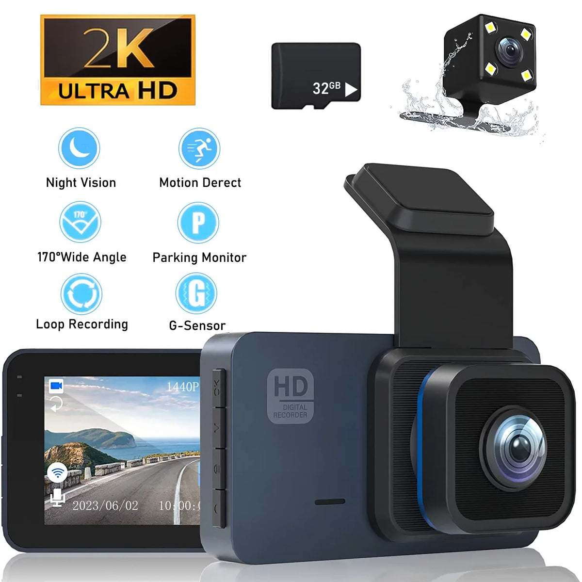 2K Dash Cam, 3 Inches Dual Dash Camera for Cars, WDR Dashcam Front and Rear Night Vision, 170° Wide Angle, Loop Recording, G-Sensor, Parking Monitor,Free 32GB Card