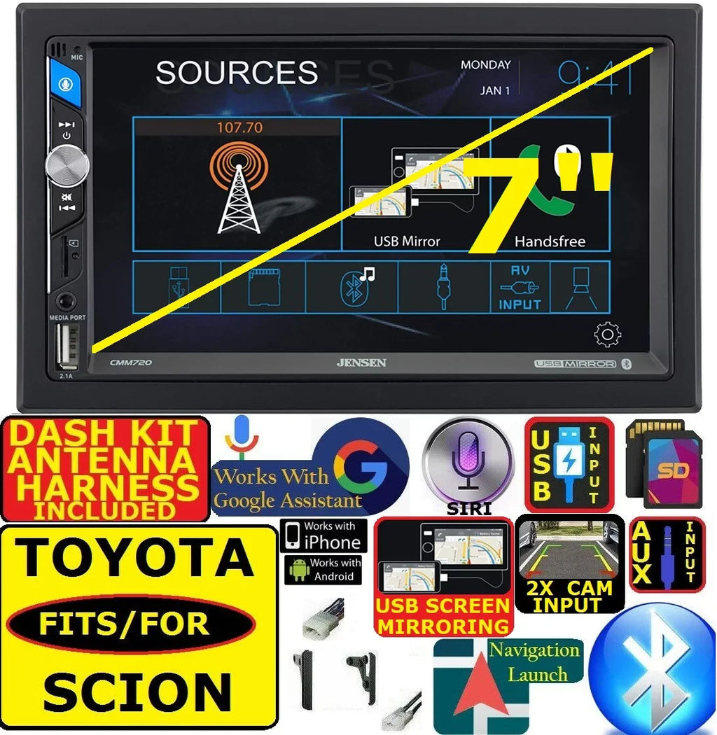 FITS SCION AM/FM USB/BLUETOOTH TOUCHSCREEN CAR RADIO STEREO PKG. INCLUDES VEHICLE SPECIFIC INSTALLATION HARDWARE INCLUDING DASH KIT, WIRE HARNESS, AND ANTENNA ADAPTER WHEN REQIRED.