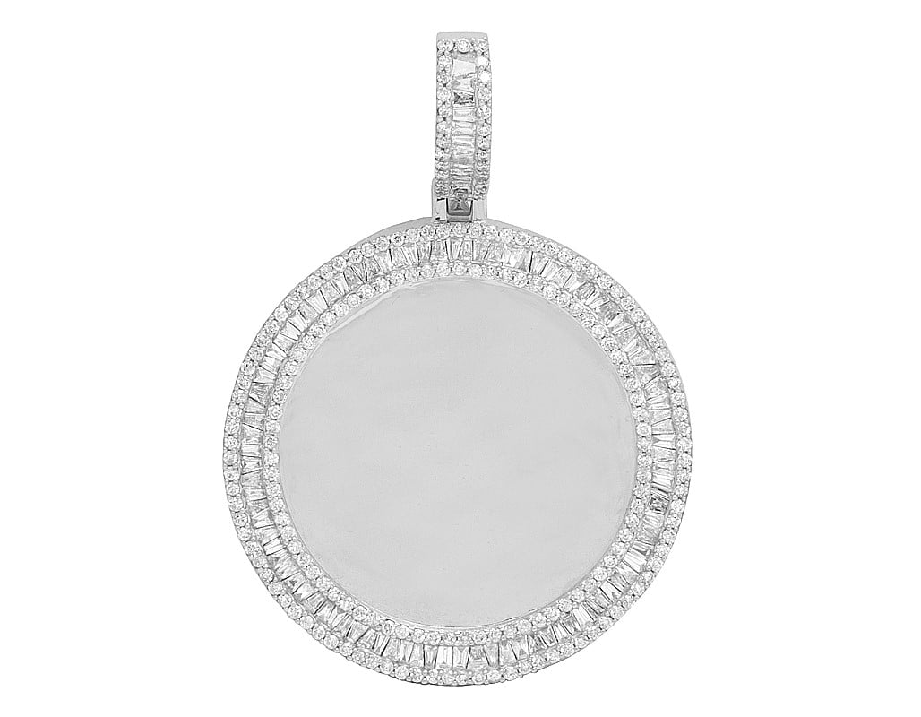 White Gold Memory Frame Baguette Diamond Photo Engrave Pendant 2" 2.2CT