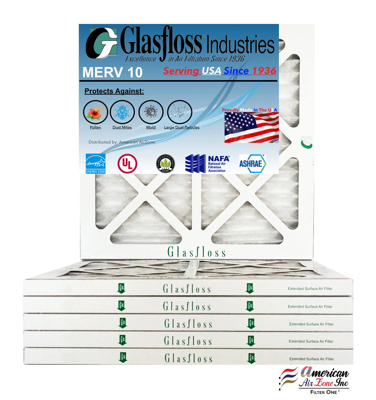 Glasfloss 15x15x1 - MERV 10 Number - Furnace Air Filter - Made in USA (Actual Size: 14.5 x 14.5x7/8 inch)