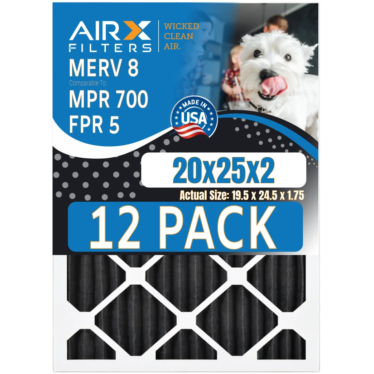 20x25x2 Air Filter MERV 8 Rating, 12 Pack of Furnace Filters Comparable to MPR 700, FPR 5, Pet Odor Retention Filters - Made in USA by AIRX FILTERS WICKED CLEAN AIR.