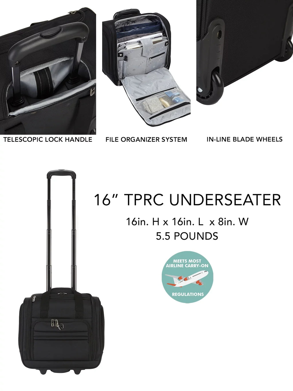 Tprc 16" Rolling Underseat Carry-on Luggage Jet