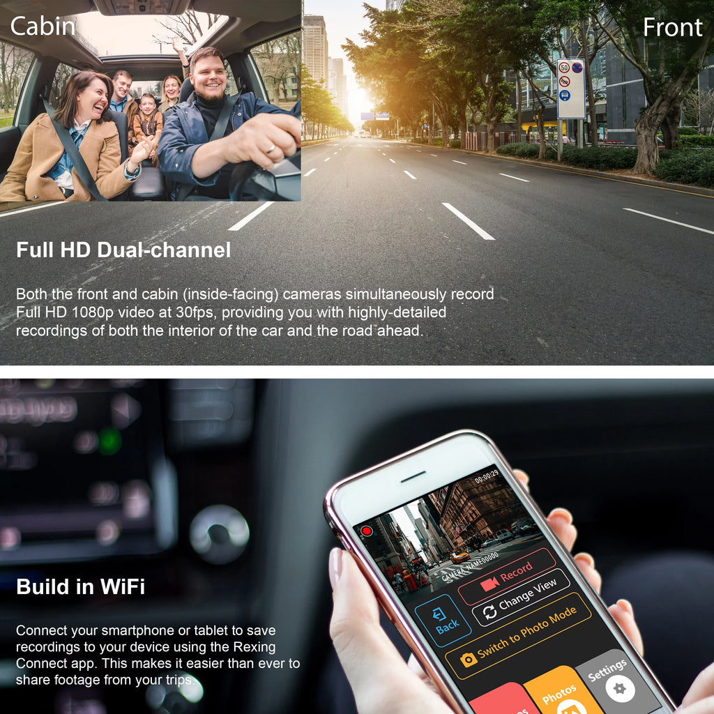 Rexing V3 Basic Dual Camera Front and Interior Cabin Full HD 1080p Dash Cam with Wi-Fi