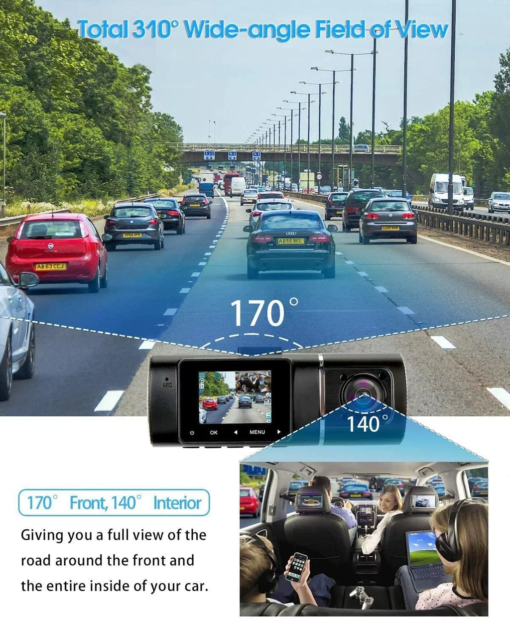Abask J05 Dashcam Front and Inner Dual 1080P FHD - Angle 170°/140° With Night Vision,Parking Mode,G-Sensor,Loop Recording,WDR - With 32GB Card