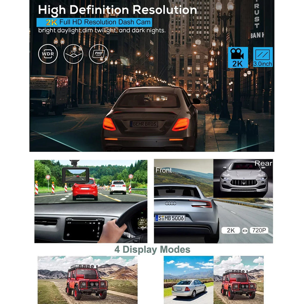 2K Dash Cam, 3 Inches Dual Dash Camera for Cars, WDR Dashcam Front and Rear Night Vision, 170° Wide Angle, Loop Recording, G-Sensor, Parking Monitor,Free 32GB Card