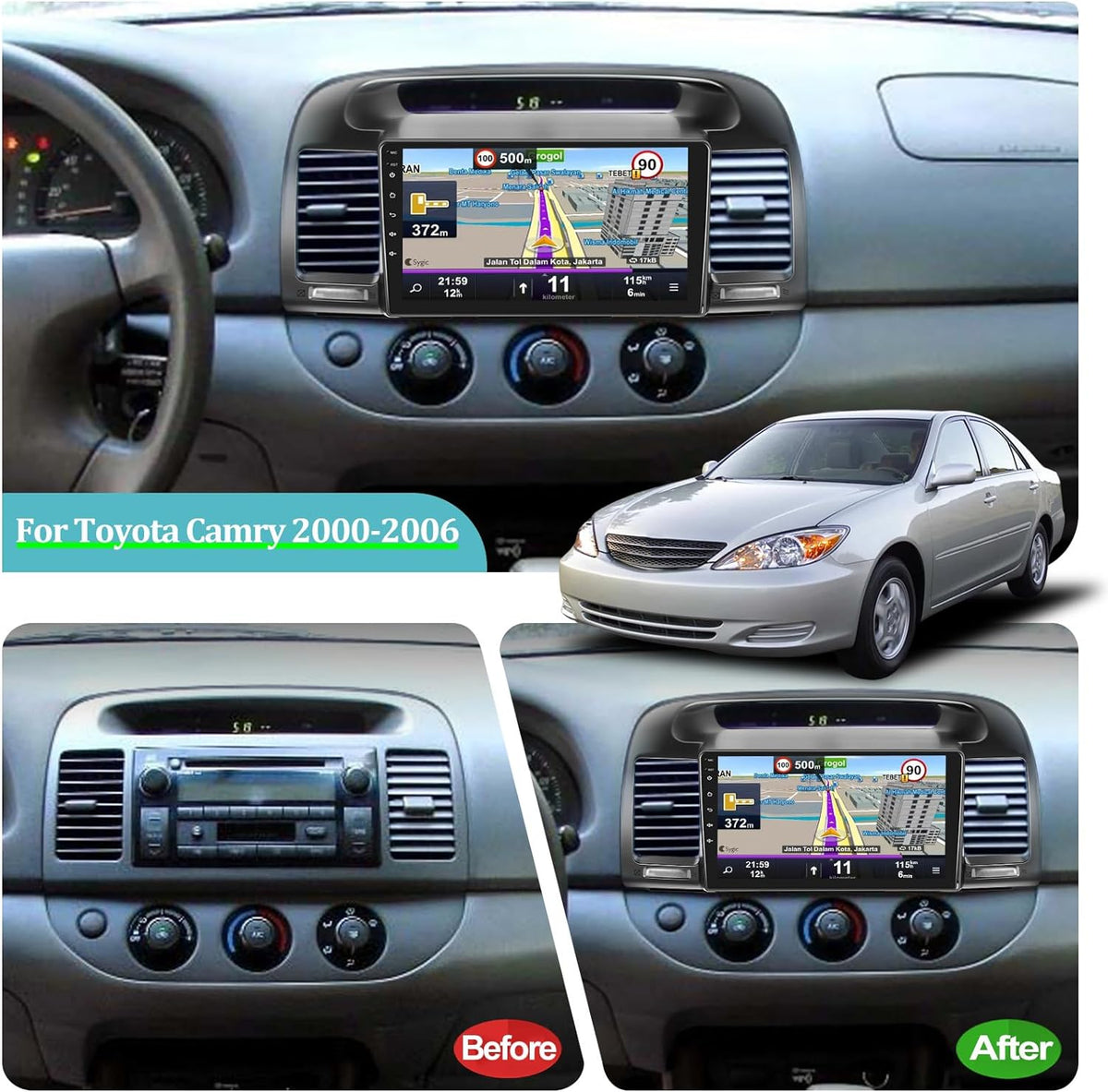 THONZER For Camry 2000-2006, 9 Inch Touchscreen Radio Built in Wireless Carplay and Andriod Auto with Mirror Link, WiFi, GPS, Dual USB + Rear View Camera 2+32G Android Car Stereo