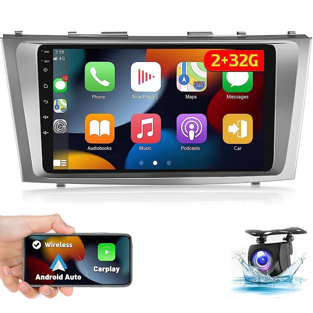Podofo 2+32G for Camry 2006-2011 Car Stereo Radio Wireless Carplay Android Auto Mirror Link 9'' Touchscreen HD 1080P WIFI GPS Hifi FM Bluetooth, AHD Backup Camera